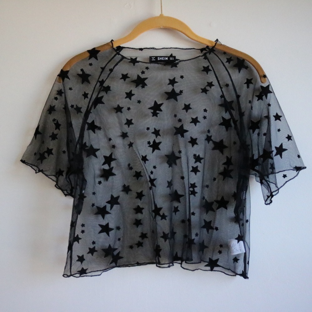 Black Star Mesh Cropped Short Sleeve Shirt